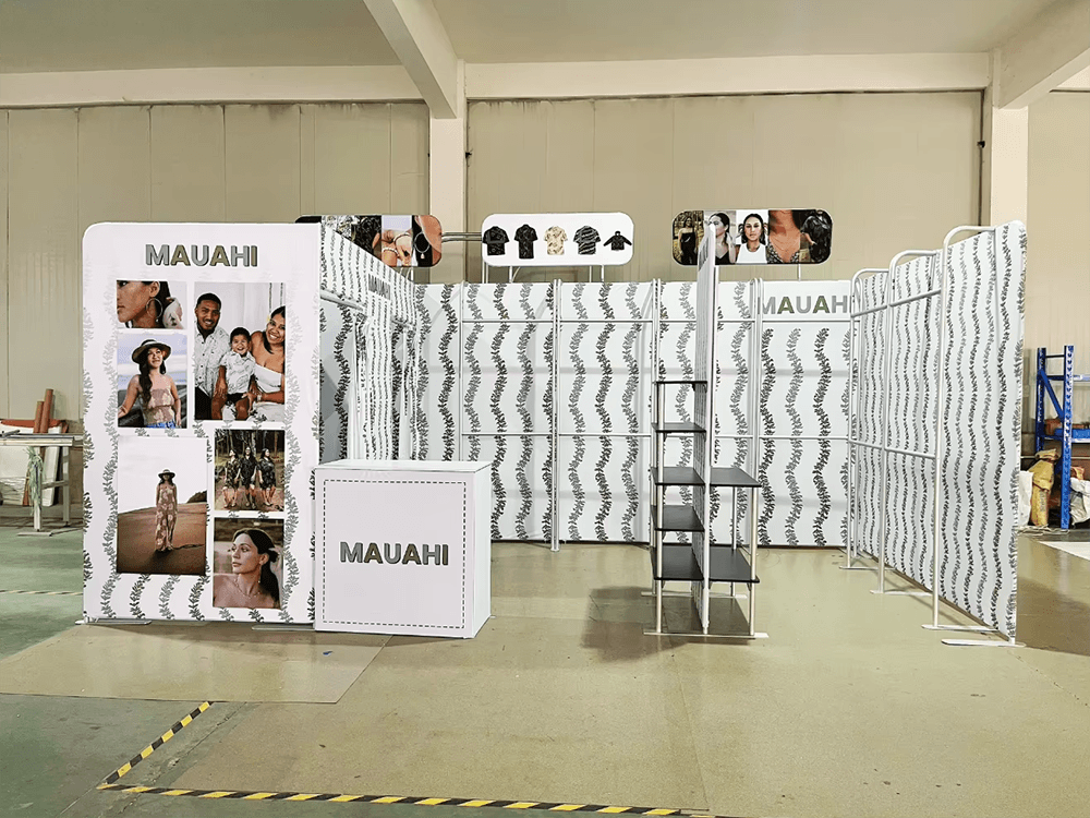 10x20 tension fabric booth work white front